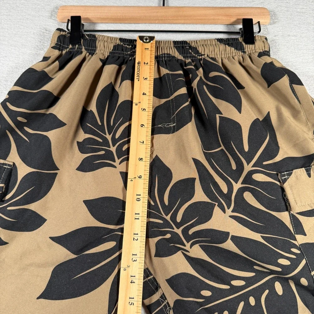 Hawaiian Performance Surfwear Mens Small Tan Black Monstera Leaf Board Shorts 28